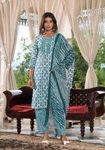 Sea Green Ethnic Motif Printed Cotton Kurta, Pant And Dupatta Set With Lace & Buttons-J4918OT3SEAGREEN