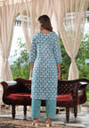 Sea Green Ethnic Motif Printed Cotton Kurta, Pant And Dupatta Set With Lace & Buttons-J4918OT3SEAGREEN