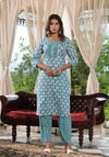 Sea Green Ethnic Motif Printed Cotton Kurta, Pant And Dupatta Set With Lace & Buttons-J4918OT3SEAGREEN