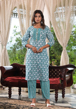 Sea Green Ethnic Motif Printed Cotton Kurta, Pant And Dupatta Set With Lace & Buttons-J4918OT3SEAGREEN