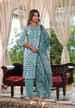 Sea Green Ethnic Motif Printed Cotton Kurta, Pant And Dupatta Set With Lace & Buttons-J4918OT3SEAGREEN