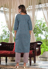 Teal Blue Ethnic Motif Printed Cotton Kurta, Pant And Dupatta Set With Zari & Thread Work-J4919OT3TEAL