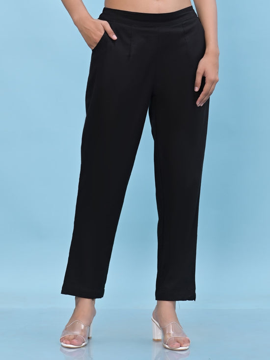 Juniper Women Black Solid Cotton Pants with Partially Elasticated Waistband and Two Side Pockets-J4946OT9BLACK