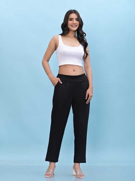 Juniper Women Black Solid Cotton Pants with Partially Elasticated Waistband and Two Side Pockets-J4946OT9BLACK