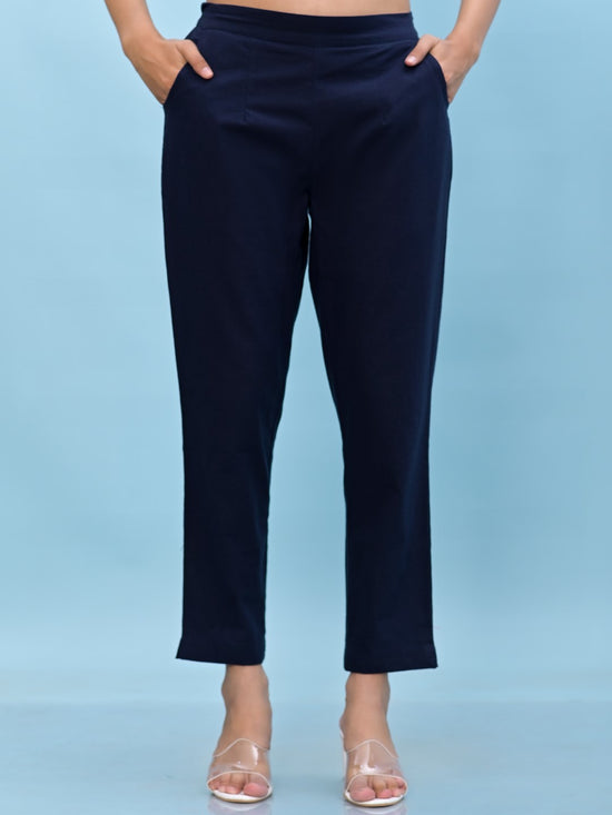 Juniper Women Navy Blue Solid Cotton Pants with Partially Elasticated Waistband and Two Side Pockets-J4948OT9NAVY