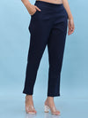 Juniper Women Navy Blue Solid Cotton Pants with Partially Elasticated Waistband and Two Side Pockets-J4948OT9NAVY