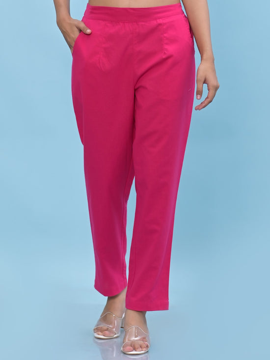 Juniper Women Fuchsia Solid Cotton Pants with Partially Elasticated Waistband and Two Side Pockets-J4949OT9FUCHSIA