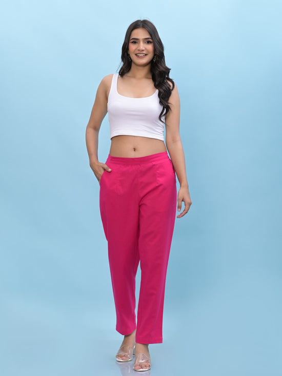 Juniper Women Fuchsia Solid Cotton Pants with Partially Elasticated Waistband and Two Side Pockets-J4949OT9FUCHSIA