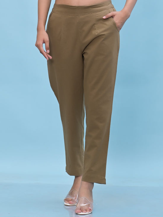 Juniper Women Brown Solid Cotton Pants with Partially Elasticated Waistband and Two Side Pockets-J4950OT9BROWN