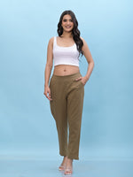 Juniper Women Brown Solid Cotton Pants with Partially Elasticated Waistband and Two Side Pockets-J4950OT9BROWN