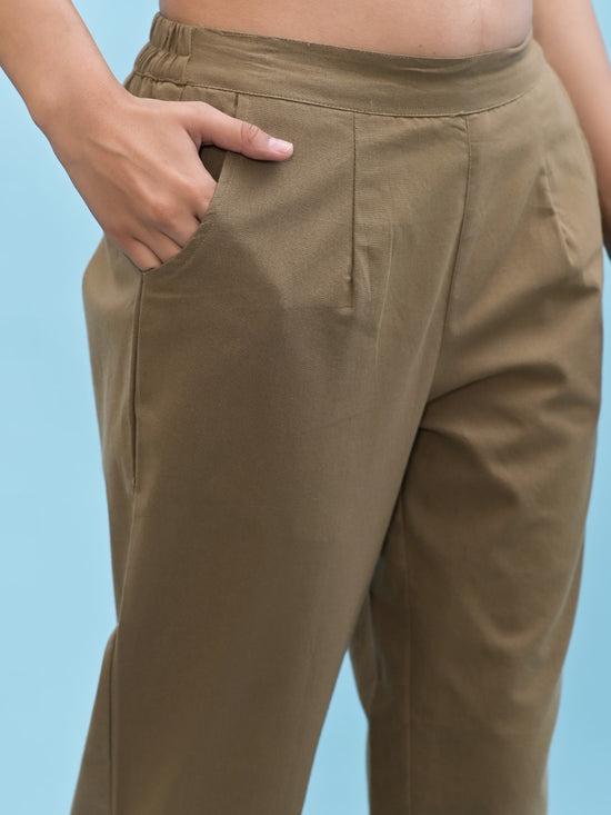 Juniper Women Brown Solid Cotton Pants with Partially Elasticated Waistband and Two Side Pockets-J4950OT9BROWN