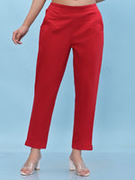 Juniper Women Red Solid Cotton Pants with Partially Elasticated Waistband and Two Side Pockets-J4953OT9RED