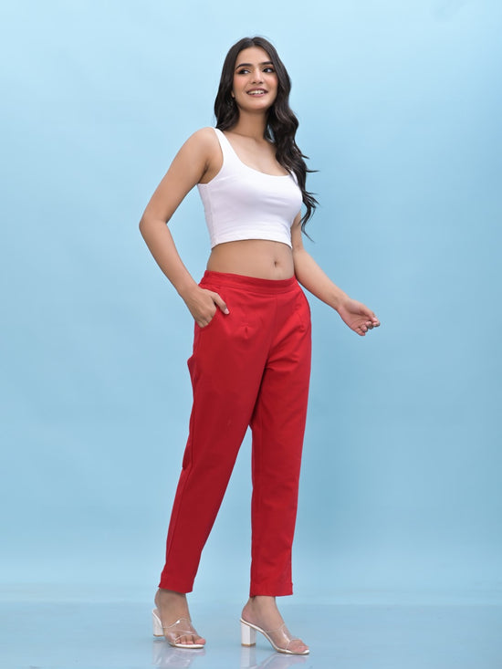 Juniper Women Red Solid Cotton Pants with Partially Elasticated Waistband and Two Side Pockets-J4953OT9RED