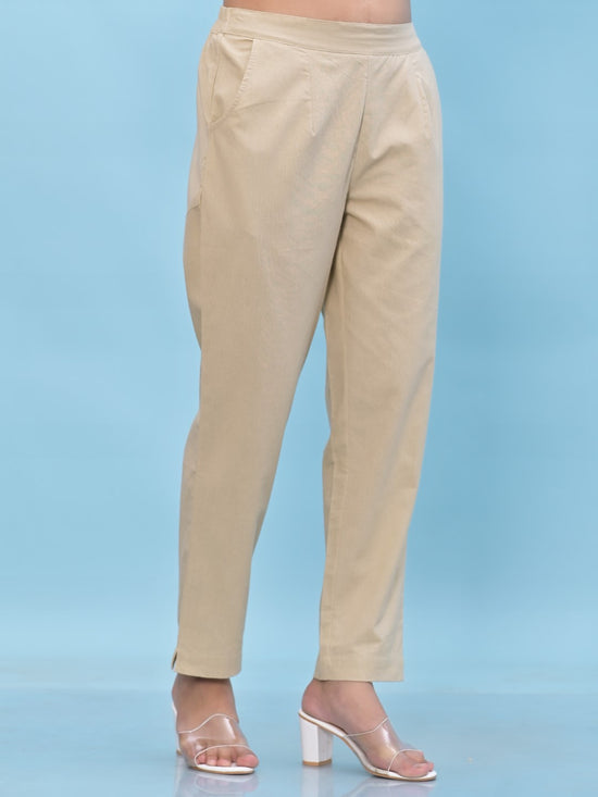 Juniper Women Beige Solid Cotton Pants with Partially Elasticated Waistband and Two Side Pockets-J4954OT9BEIGE