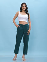 Juniper Women Green Solid Cotton Pants with Partially Elasticated Waistband and Two Side Pockets-J4955OT9GREEN