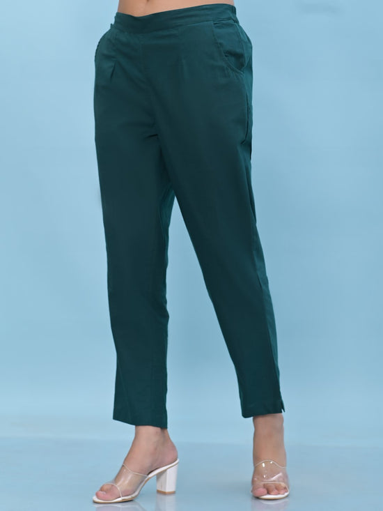 Juniper Women Green Solid Cotton Pants with Partially Elasticated Waistband and Two Side Pockets-J4955OT9GREEN