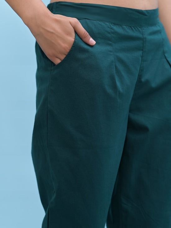 Juniper Women Green Solid Cotton Pants with Partially Elasticated Waistband and Two Side Pockets-J4955OT9GREEN