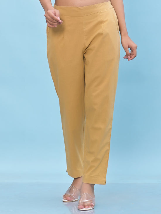 Juniper Women Gold Solid Cotton Pants with Partially Elasticated Waistband and Two Side Pockets-J4956OT9GOLD