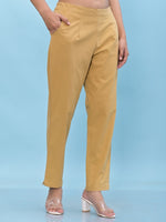 Juniper Women Gold Solid Cotton Pants with Partially Elasticated Waistband and Two Side Pockets-J4956OT9GOLD