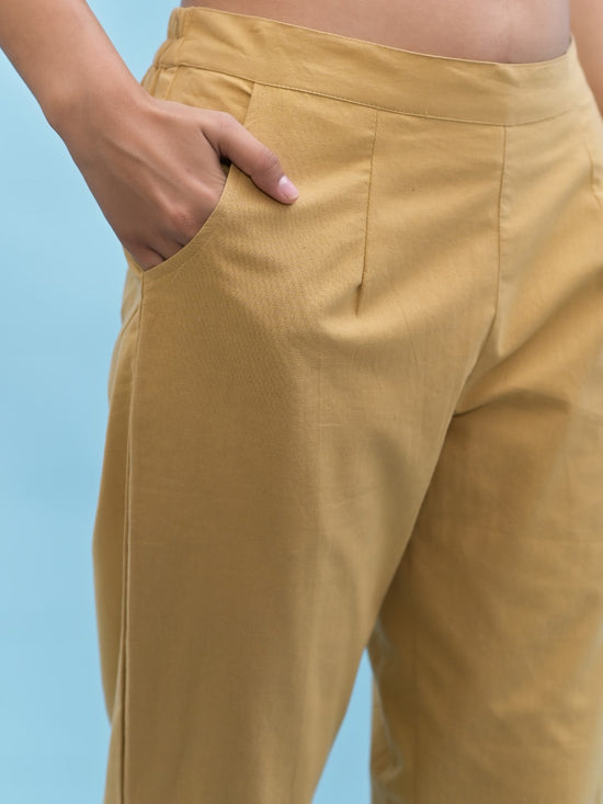 Juniper Women Gold Solid Cotton Pants with Partially Elasticated Waistband and Two Side Pockets-J4956OT9GOLD