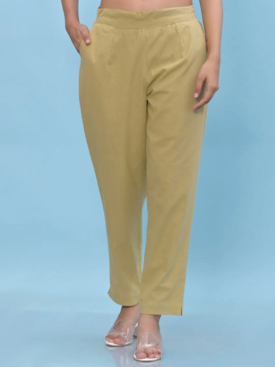 Juniper Women Olive Solid Cotton Pants with Partially Elasticated Waistband and Two Side Pockets-J4958OT9OLIVE