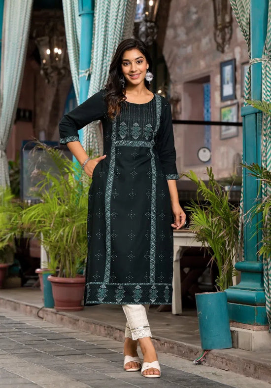 Bottle Green Ethnic Motif Printed Rayon Kurta With Straight Hemline For Women-J4964OT1BOTTLEGREEN