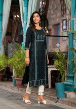 Bottle Green Ethnic Motif Printed Rayon Kurta With Straight Hemline For Women-J4964OT1BOTTLEGREEN