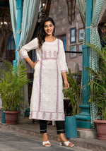 White Ethnic Motif Printed Rayon Round Neck  Kurta With Straight Hemline For Women-J4964OT1OFFWHITE