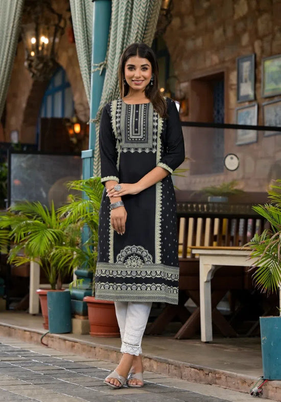 Black Ethnic Motif Printed Rayon Kurta  With Straight Hemline And Buttons-J4969OT7BLACK