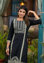 Black Ethnic Motif Printed Rayon Kurta  With Straight Hemline And Buttons-J4969OT7BLACK