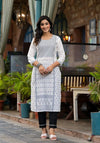 White Ethnic Motif Printed Rayon Kurta With Straight Hemline-J4970OT7WHITE