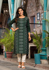 Green Ethnic Motif Printed Round Neck  Rayon Kurta With Straight Hemline-J4971OT7GREEN