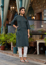 Bottle Green Striped Printed Cotton Kurta With Button Detail-J4972OT10BOTTELGREEN