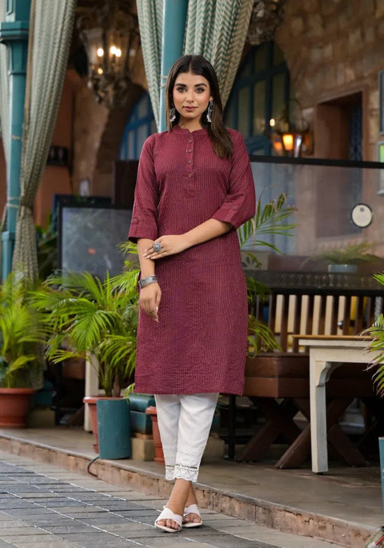 Maroon Striped Printed Cotton Kurta With Button Detail-J4972OT10MAROON