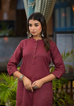 Maroon Striped Printed Cotton Kurta With Button Detail-J4972OT10MAROON