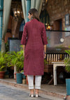 Maroon Striped Printed Cotton Kurta With Button Detail-J4972OT10MAROON