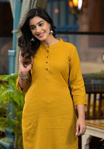 Mustard Striped Printed Cotton Kurta With Button Detail-J4972OT10MUSTARD