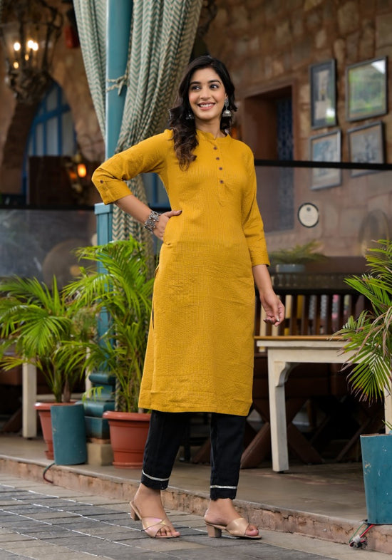 Mustard Striped Printed Cotton Kurta With Button Detail-J4972OT10MUSTARD