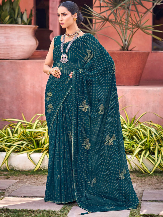 Saree Mall Women's Georgette Teal Blue Embellished Celebrity Saree With Blouse Piece-JALEBI81304