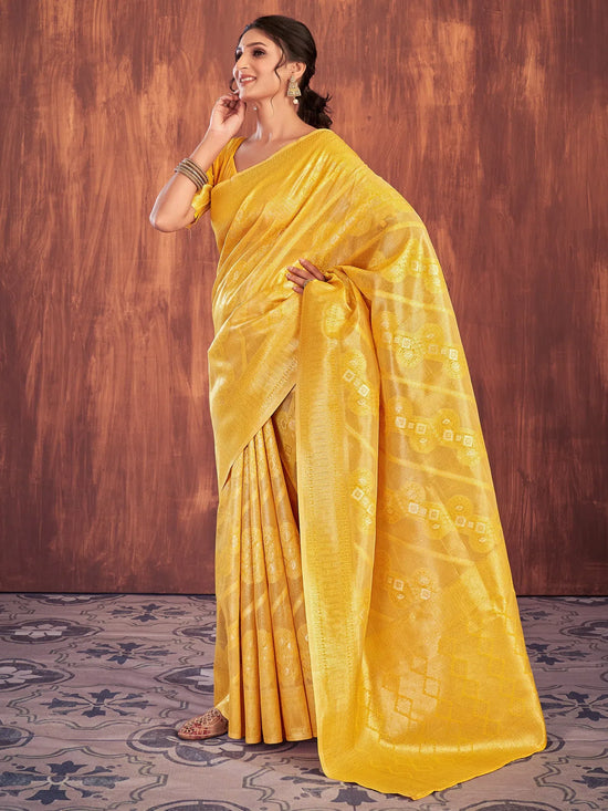 Saree Mall Women's Cotton Yellow Woven Design Designer Saree With Blouse Piece-JENNA96902