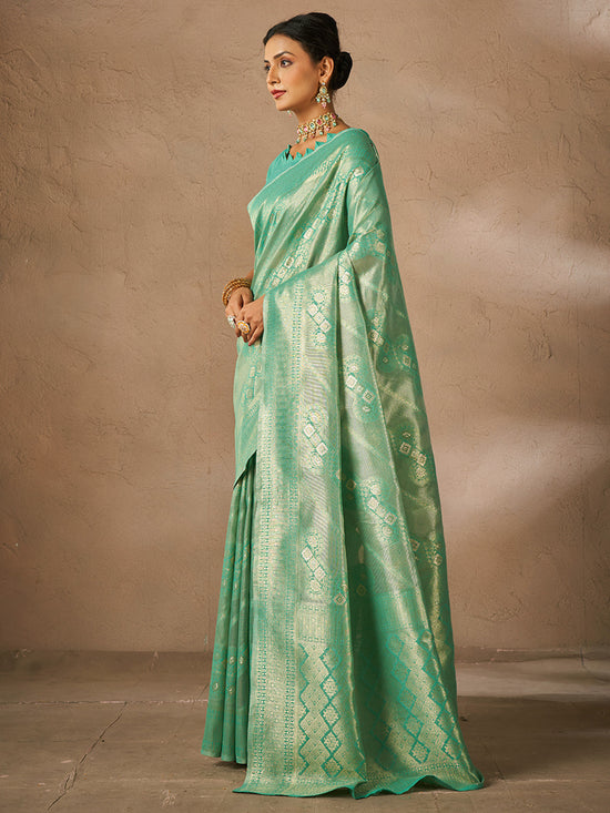 Saree Mall Women's Cotton Sea Green Woven Design Designer Saree With Blouse Piece-JENNA96903