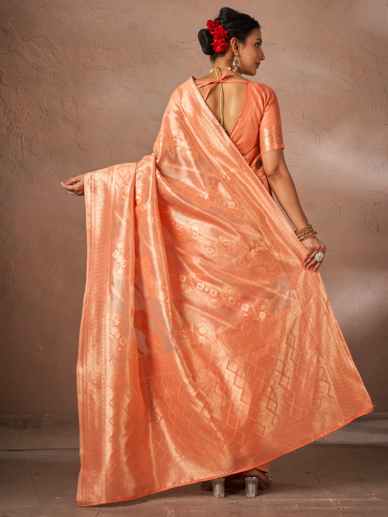 Saree Mall Women's Cotton Peach Woven Design Designer Saree With Blouse Piece-JENNA96904