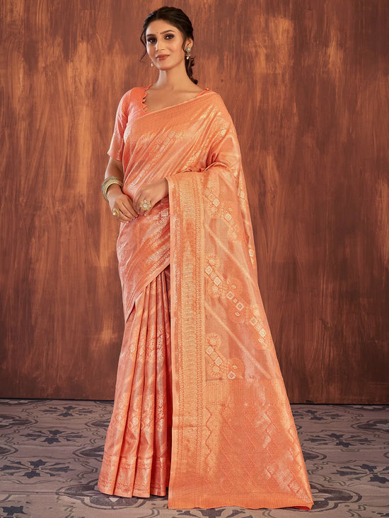 Saree Mall Women's Cotton Peach Woven Design Designer Saree With Blouse Piece-JENNA96904