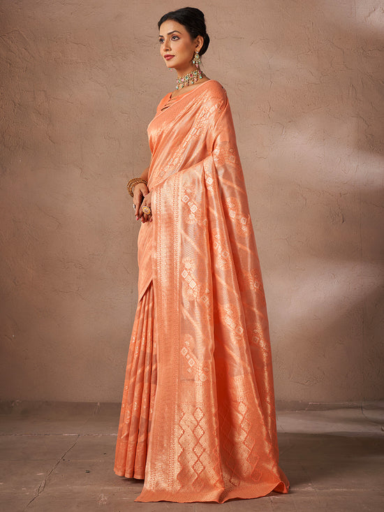 Saree Mall Women's Cotton Peach Woven Design Designer Saree With Blouse Piece-JENNA96904