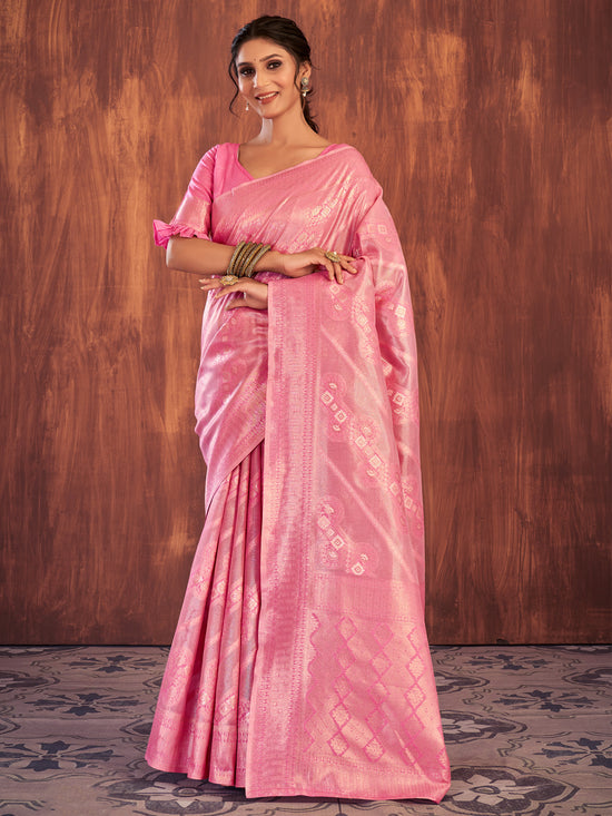 Saree Mall Women's Cotton Pink Woven Design Designer Saree With Blouse Piece-JENNA96906