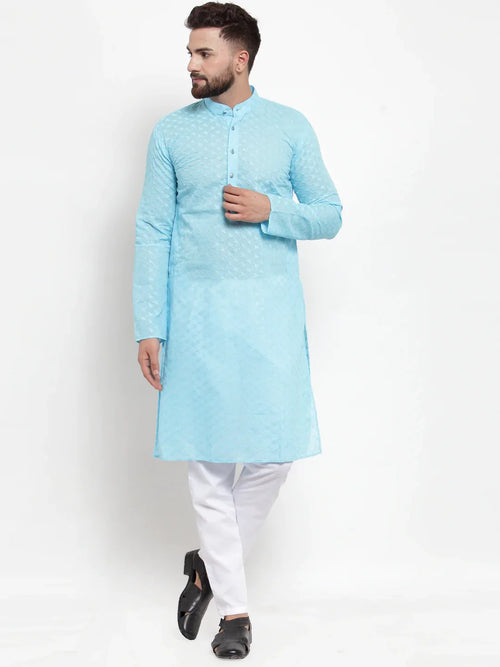 Chikankari Pure Cotton Kurta with Churidar-JOKP-561Sky