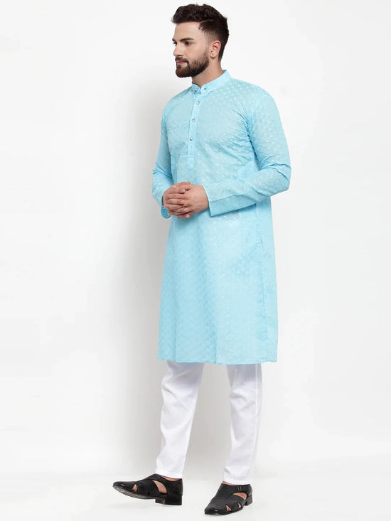 Chikankari Pure Cotton Kurta with Churidar-JOKP-561Sky