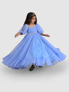 Jelly Jones Torso Pleated Flaired Gown Emblished With Flower & Diamond-Ice Blue