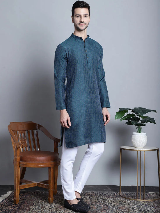 Men Navy Blue Woven Design Kurta with Pyjamas-JOKP-P-5003Navy