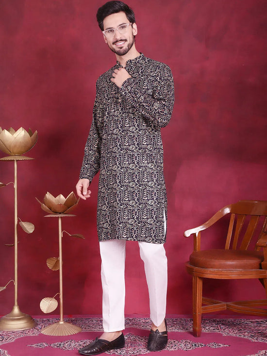 Men's Digital Printed Kurta with Pyjama.-JOKP-5014Navy